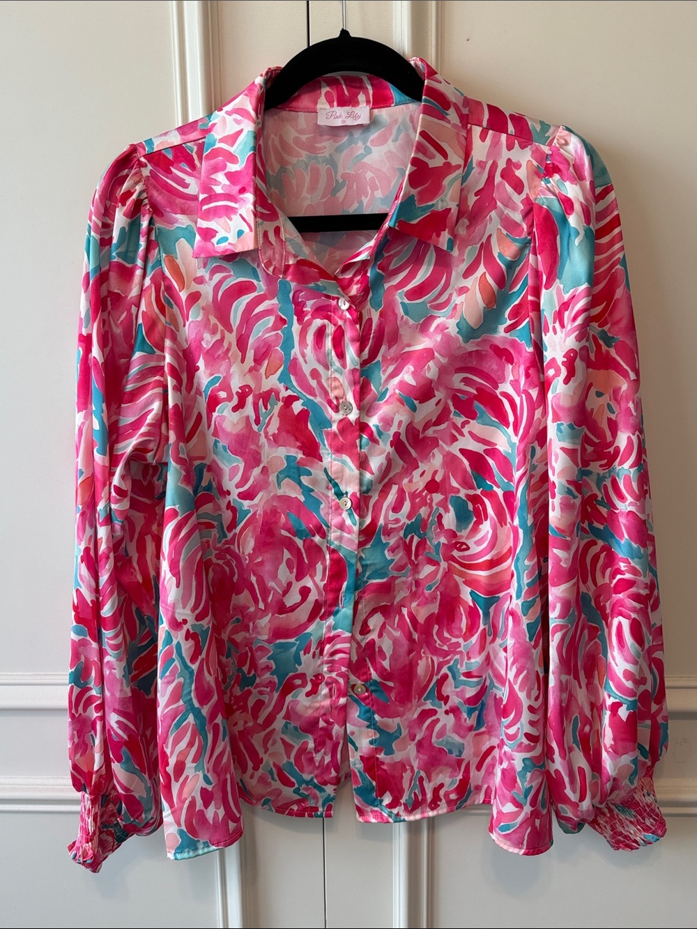 Pink Lily Pink Floral-Print Button-Down Blouse with Teal Accents